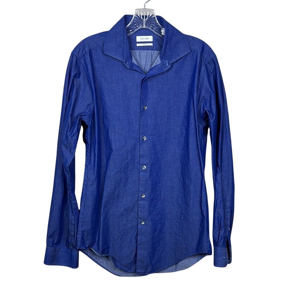 Calvin Klein Men's Medium Blue Micro Dot Slim Fit Stretch Dress Shirt Non Iron